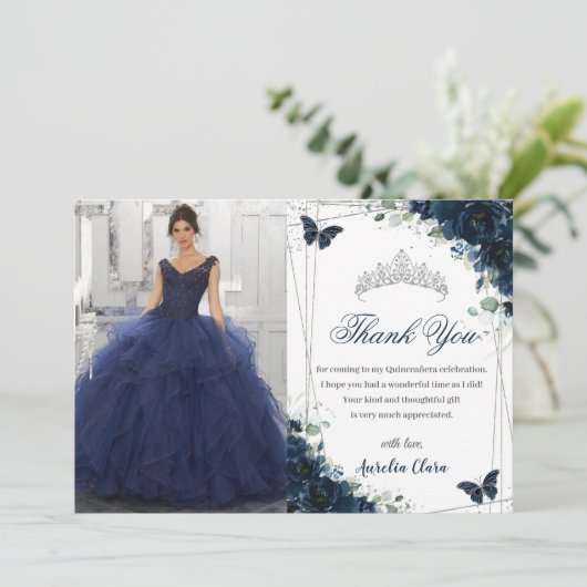 Quinceañera Navy Blue Bloemenvlinders Afbeelding Bedankkaart (Staand voorkant)
