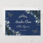 Quinceañera Navy Blue Bloemenvlinders Afbeelding Bedankkaart (Achterkant)