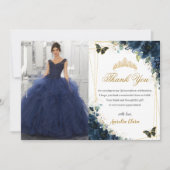 Quinceañera Navy Blue Bloemenvlinders Afbeelding Bedankkaart (Voorkant)
