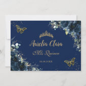 Quinceañera Navy Blue Bloemenvlinders Afbeelding Bedankkaart (Achterkant)