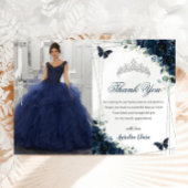 Quinceañera Navy Blue Bloemenvlinders Afbeelding Bedankkaart