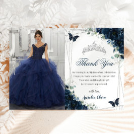 Quinceañera Navy Blue Bloemenvlinders Afbeelding Bedankkaart