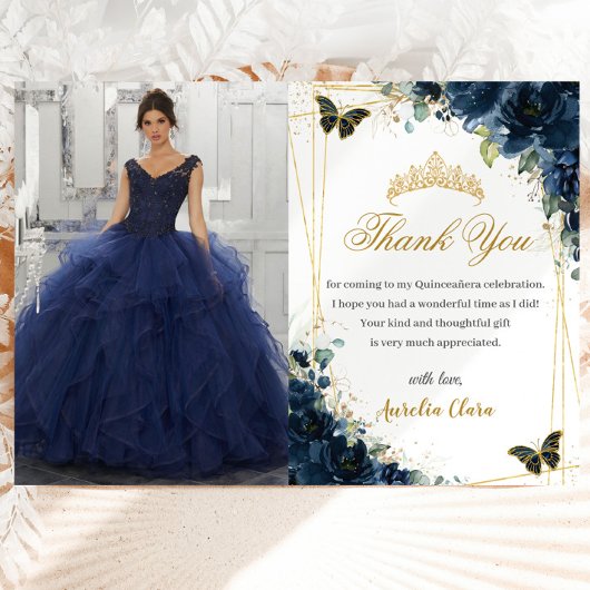 Quinceañera Navy Blue Bloemenvlinders Afbeelding Bedankkaart