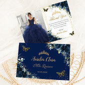 Quinceañera Navy Blue Bloemenvlinders Afbeelding Bedankkaart