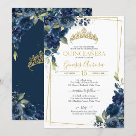 Quinceañera Navy Blue Elegant Waterverf Floral in Kaart