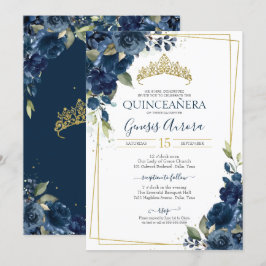 Quinceañera Navy Blue Elegant Waterverf Floral Kaart