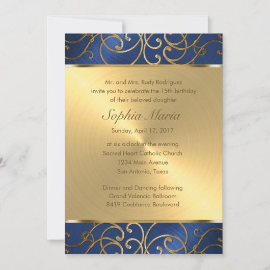 Quinceanera Navy Blue en Gold Filigree Swirls Kaart (Voorkant)
