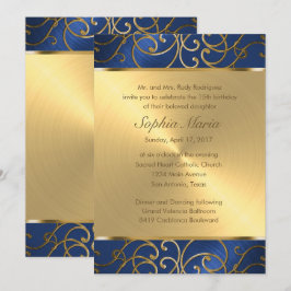Quinceanera Navy Blue en Gold Filigree Swirls Kaart