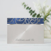 Quinceanera Navy Blue en Silver Filigree Swirls RSVP Kaartje (Staand voorkant)