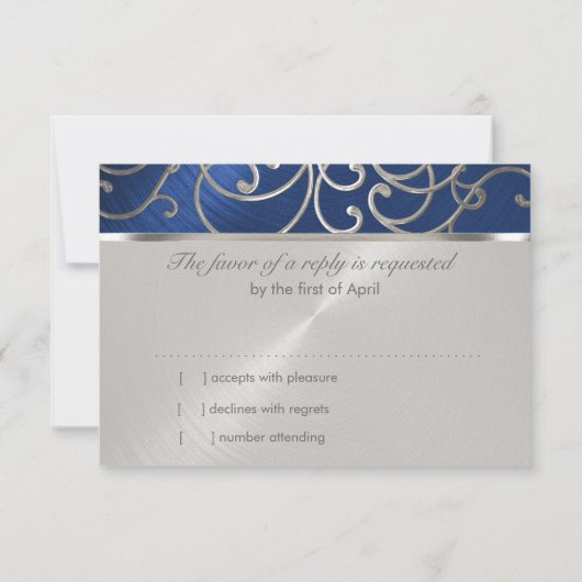 Quinceanera Navy Blue en Silver Filigree Swirls RSVP Kaartje (Achterkant)