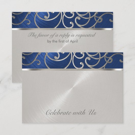 Quinceanera Navy Blue en Silver Filigree Swirls RSVP Kaartje (Voorkant / Achterkant)