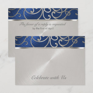 Quinceanera Navy Blue en Silver Filigree Swirls RSVP Kaartje