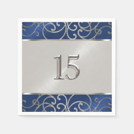 Quinceanera Navy Blue en Silver Filigree Swirls Servet