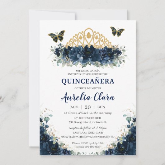 Quinceañera Navy Blue Floral Butterflies Crown Kaart (Voorkant)