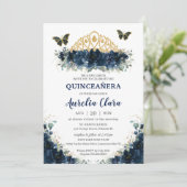 Quinceañera Navy Blue Floral Butterflies Crown Kaart (Staand voorkant)