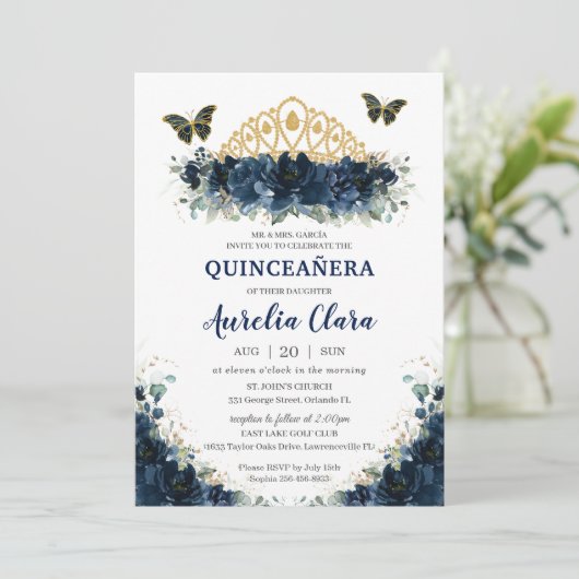 Quinceañera Navy Blue Floral Butterflies Crown Kaart (Staand voorkant)