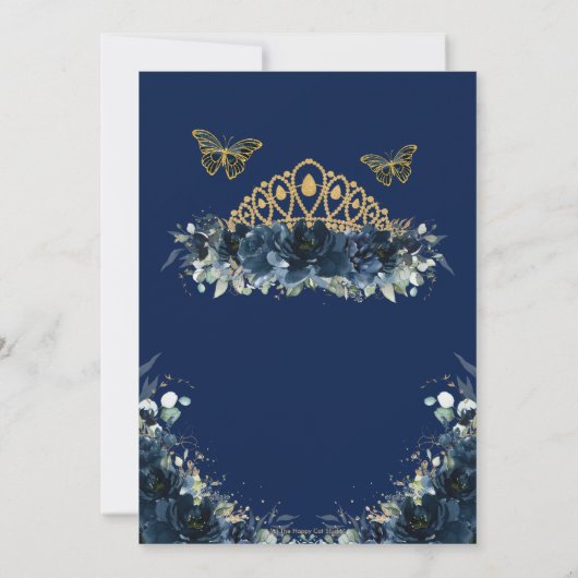 Quinceañera Navy Blue Floral Butterflies Crown Kaart (Achterkant)