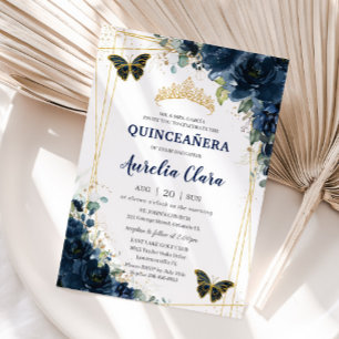 Quinceañera Navy Blue Floral Butterflies Crown Kaart