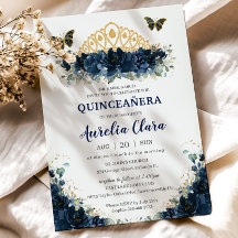 Quinceañera Navy Blue Floral Butterflies Crown