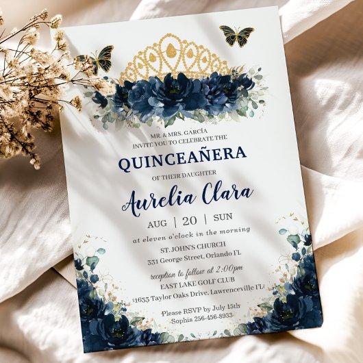 Quinceañera Navy Blue Floral Butterflies Crown Kaart