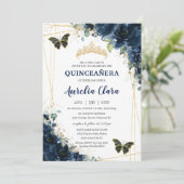 Quinceañera Navy Blue Floral Butterflies Crown Kaart (Staand voorkant)