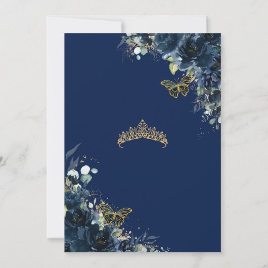 Quinceañera Navy Blue Floral Butterflies Crown Kaart (Achterkant)