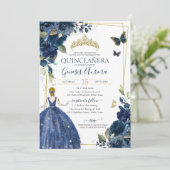 Quinceañera Navy Blue Floral Butterflies Kaart (Staand voorkant)