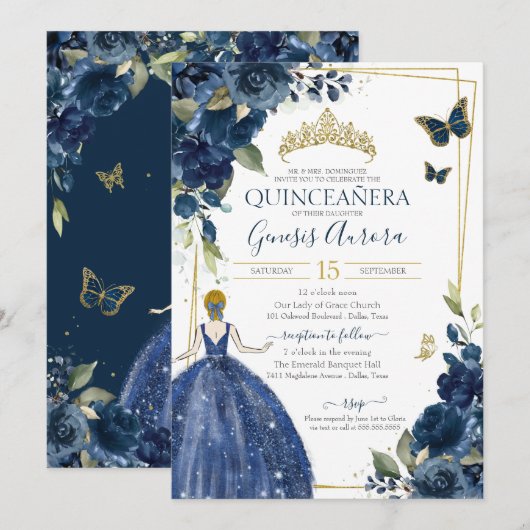 Quinceañera Navy Blue Floral Butterflies Kaart (Voorkant / Achterkant)