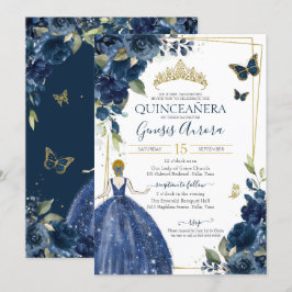 Quinceañera Navy Blue Floral Butterflies Kaart