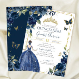 Quinceañera Navy Blue Floral Butterflies Kaart