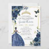 Quinceañera Navy Blue Floral Butterflies Kaart (Voorkant)