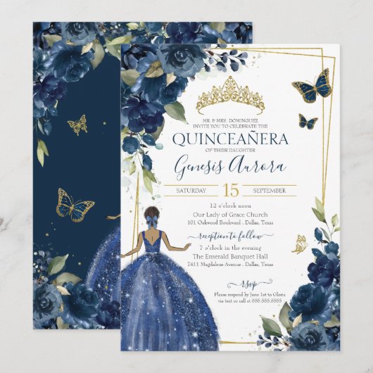 Quinceañera Navy Blue Floral Butterflies Kaart (Voorkant / Achterkant)
