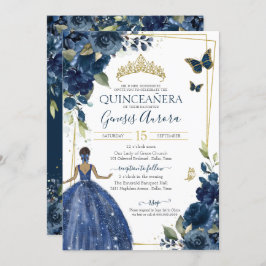 Quinceañera Navy Blue Floral Butterflies Kaart