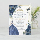 Quinceañera Navy Blue Floral Butterflies Kaart (Staand voorkant)