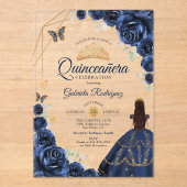 Quinceanera Navy Blue Floral Dress Gold Acryl Uitnodigingen (Voorkant)