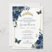 Quinceañera Navy Blue Floral Gold Butterfly Kaart (Voorkant)