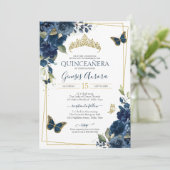 Quinceañera Navy Blue Floral Gold Butterfly Kaart (Staand voorkant)