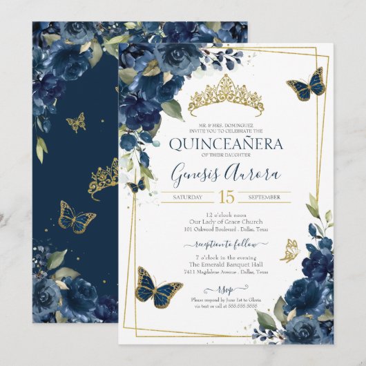 Quinceañera Navy Blue Floral Gold Butterfly Kaart (Voorkant / Achterkant)
