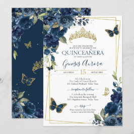 Quinceañera Navy Blue Floral Gold Butterfly Kaart