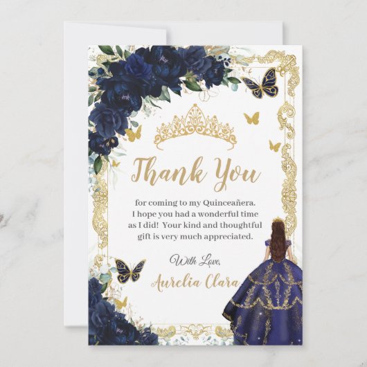 Quinceañera Navy Blue Floral Gold Princess 15 16 Bedankkaart (Voorkant)