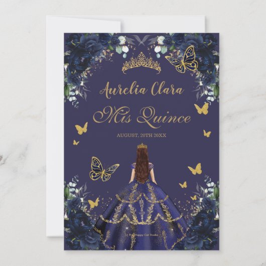 Quinceañera Navy Blue Floral Gold Princess 15 16 Bedankkaart (Achterkant)