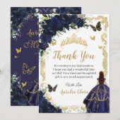 Quinceañera Navy Blue Floral Gold Princess 15 16 Bedankkaart (Voorkant / Achterkant)