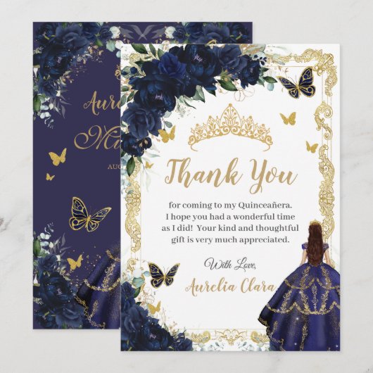 Quinceañera Navy Blue Floral Gold Princess 15 16 Bedankkaart (Voorkant / Achterkant)