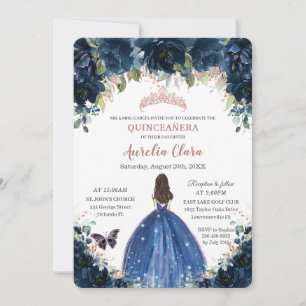 Quinceañera Navy Blue Floral Roos Gold Kaart