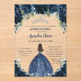 Quinceañera Navy Blue Floral Silver Princess Crown Acryl Uitnodigingen