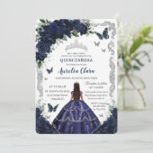 Quinceañera Navy Blue Floral Silver Princess  Kaart (Staand voorkant)
