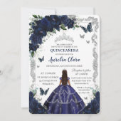 Quinceañera Navy Blue Floral Silver Princess  Kaart (Voorkant)