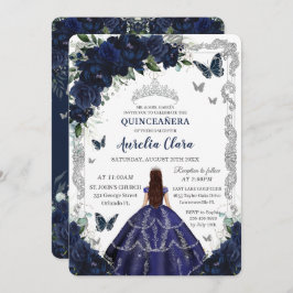 Quinceanera Navy Blue Floral Silver Princess  Kaart