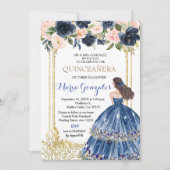 Quinceanera Navy Blue Flowers Gold Invitation Kaart (Voorkant)