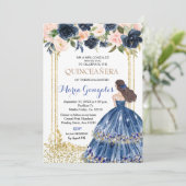 Quinceanera Navy Blue Flowers Gold Invitation Kaart (Staand voorkant)